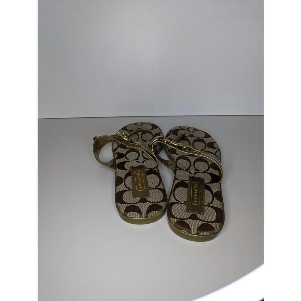 Coach RIKKI Jelly Thong Flat Sandals Brown Gold Coach Logo With Clasp Size 5.5B - Picture 3 of 5